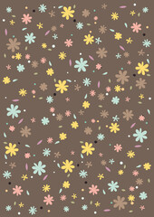 Seamless pattern with flowers and leaves on brown background. Vector illustration.