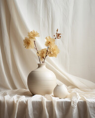 Glamour shot of a cream white vase containing dried flowers, on a white table in front of a white background with soft white curtains nearby.  Japandi style