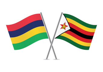 Mauritius and Zimbabwe crossed flags. Mauritian and Zimbabwean flags on white background. Vector icon set. Vector illustration.