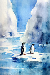 Two penguins on the ice. Antarctica illustration. Travel poster