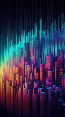 Cyberpunk paper quilling cityscape made of digital binary barcode data in the style of  dot matrix futuristic landscape