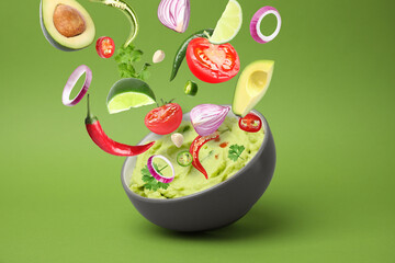 Plakat Delicious guacamole with flying ingredients on green background