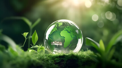 Globe Glass with save water icons In Green Forest With Sunlight. environment day and water day.clean renewable energy, Environmental protection concept of protecting the earth's water resources