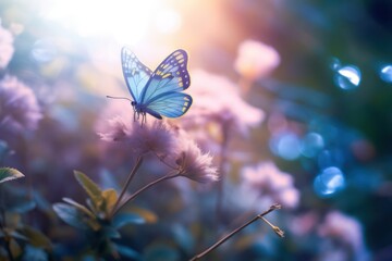 Blue butterfly on purple flowers, macro shot. Warm summer solar lighting. AI generated.
