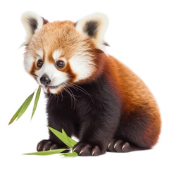 Baby Red Panda Eating Bamboo Isolated on Transparent Background - Generative AI
