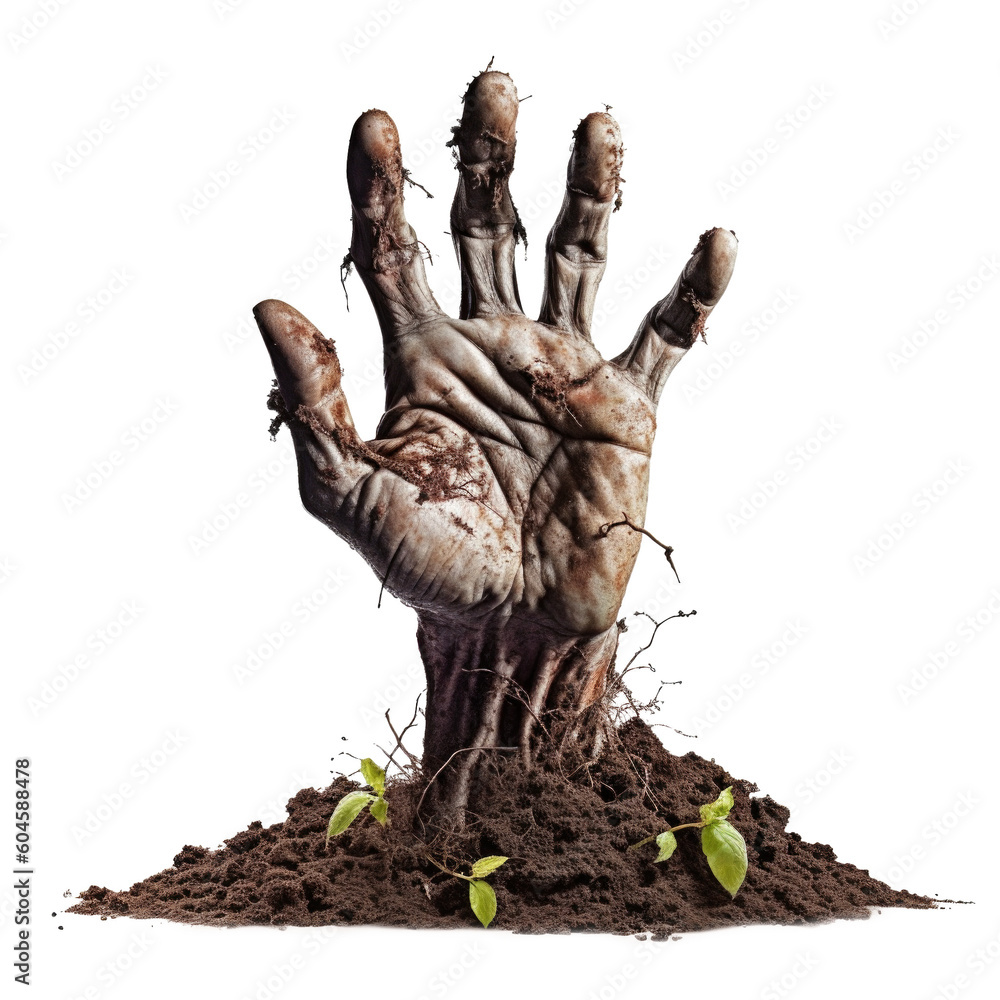 Wall mural zombie hand coming out on soil isolated on transparent background - generative ai