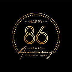 86 year anniversary logo with double line number and golden text for anniversary celebration event, invitation, banner poster, flyer, and greeting card, vector template