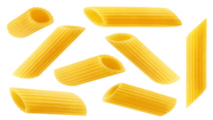raw Penne Rigate, uncooked Italian Pasta, isolated on white background, full depth of field