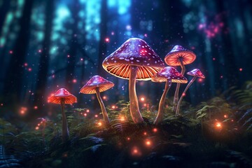 Obraz na płótnie Canvas Magic mushrooms in the forest with glowing light, created with Generative AI technology