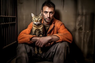 Inmate with a cat in his cell, Generative AI