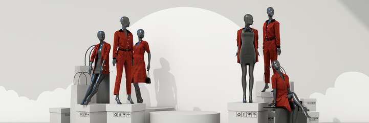 online shopping concept and promotional discounts in front of the store display Women's red clothing and fashion Surrounded by mannequins and shopping bags on white background. 3d rendering - 604589645