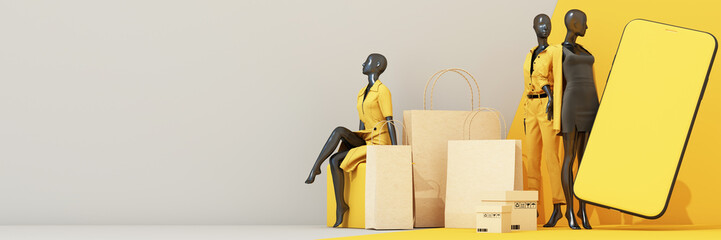 online shopping concept and promotional discounts in front of the store display Women's clothing and fashion Surrounded by mannequins, shopping bag and phone screen on yellow background. 3d rendering - 604589662