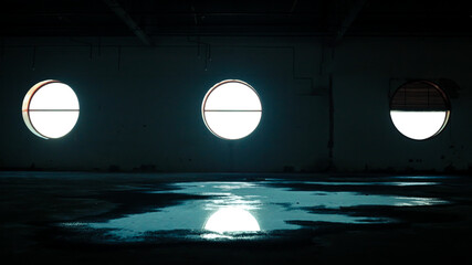 Three round windows illuminating a puddle in an abandoned place © Oscar Galeano