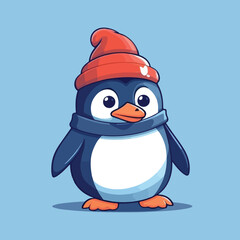 Cute penguin wearing a hat, vector cartoon illustration 