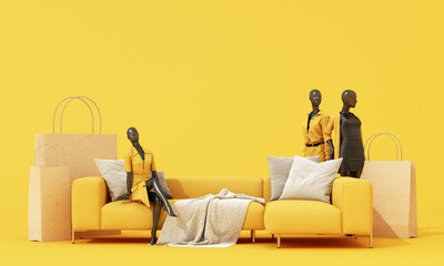 online shopping concept and promotional discounts in front of the store display Women's clothing and fashion Surrounded by mannequins, shopping on sofa with yellow background. 3d rendering