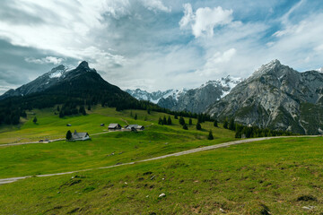View of the mountain hut and pastures.
