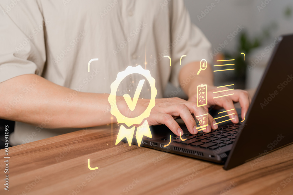 Aufkleber Client touching with virtual screen assessment sign of the top service quality assurance certificate for industrial and business. Guarantee, Standard, ISO certification and standardization concept.