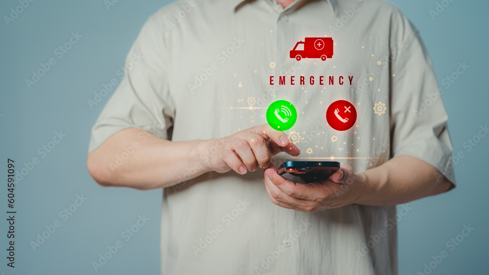 Poster adult man using a mobile phone with the virtual screen on the emergency number for ambulance, hospit