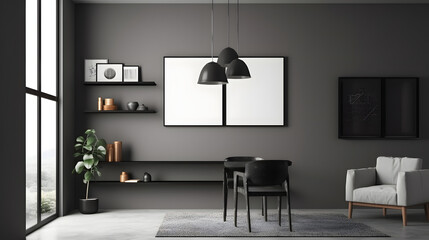Grey living room interior eating area and decoration on shelf, mockup frame