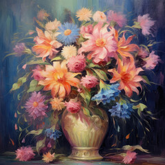 Random Flowers in vase, oilpainting art, Generative AI