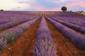 Fototapeta na wymiar Lavender field with beautiful sunset sky