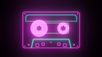 3D Rendering of neon cassette tape. Minimal glowing retro color style.  Seamless loop. For music, pub, bar, dj, entertainment background