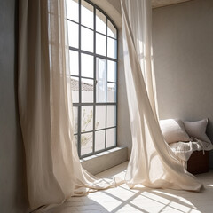 Fototapeta na wymiar Linen long curtains natural linen color flying in the wind
