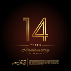 14 years anniversary, anniversary template design with double line number and golden text for birthday celebration event, invitation, banner poster, flyer, and greeting card, vector template