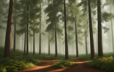 Fototapeta na wymiar Natural Forest of Spruce Trees, Sunbeams through Fog create mystic Atmosphere. Ai generated technology
