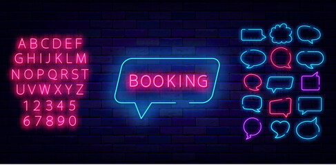 Booking neon sign on brick wall. Onine travel order. Speech bubbles frames set. Vector stock illustration