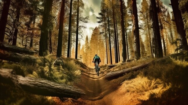 A man and woman bike through a forest trail. (Generative AI)