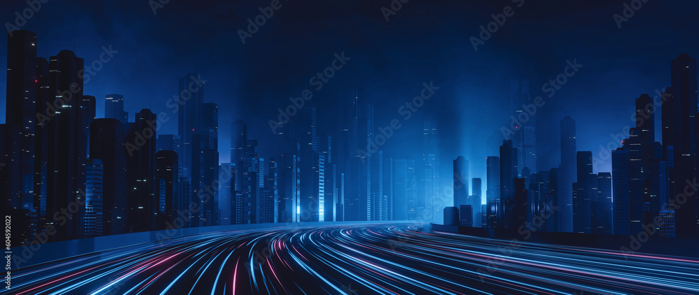 Poster 3d rendering of warp speed in hyper loop with blur light from buildings' lights in mega city at nigh
