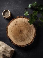 Rustic wooden slice with empty space for blank on table. Country wood ring with leaves top view flatlay background. Generative AI
