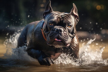 black french bulldog runs through the river created with Generative AI