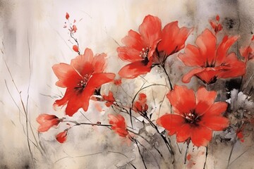Red flowers painting in an art gallery, in the style of Deco, created with Generative AI technology