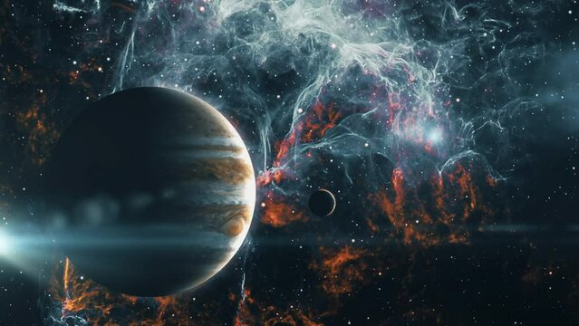 Abstract space exploration with Jupiter in the abstract  distant nebula universe planet background