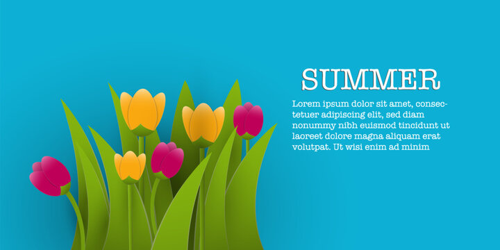 spring background with tulips meadow tropical on blue background ,Vector illustration,Summer sale 