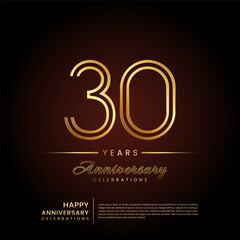 30 years anniversary, anniversary template design with double line number and golden text for birthday celebration event, invitation, banner poster, flyer, and greeting card, vector template