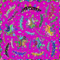 Seamless pattern with interesting doodles on colorfil background. Raster illustration.