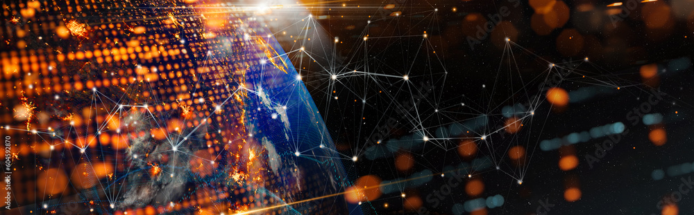 Poster Communication technology for internet business. Global world network and telecommunication on earth cryptocurrency and blockchain and IoT. Elements of this image furnished by NASA