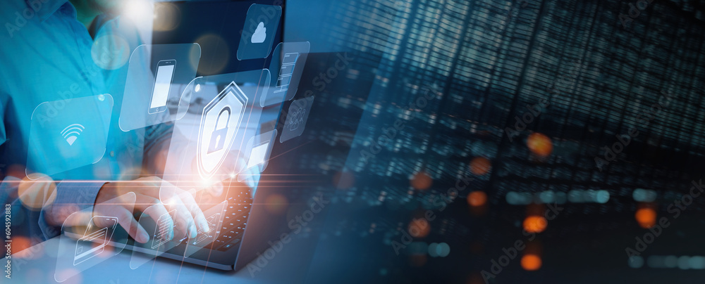 Poster Cyber security firewall interface protection concept.Personal data security and banking. Protecting herself from cyber attacks.