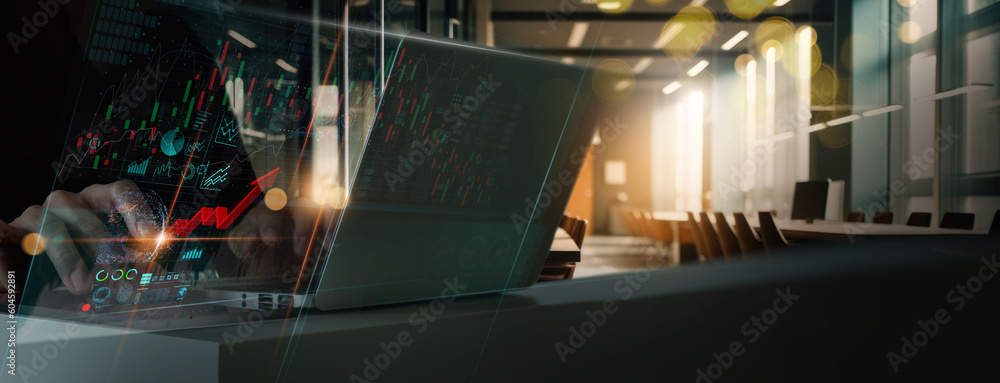 Poster businessman analyzing business enterprise data management, business analytics with charts, metrics a