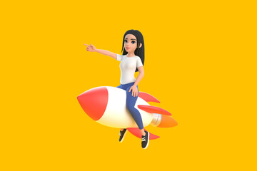 Cartoon girl in a white t-shirt and jeans flies on a rocket on a bright yellow background. Woman in minimal style. People character illustration. 3d rendering