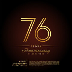 76 years anniversary, anniversary template design with double line number and golden text for birthday celebration event, invitation, banner poster, flyer, and greeting card, vector template - obrazy, fototapety, plakaty