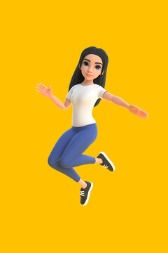 Cartoon funny smiling cute active girl in a white t-shirt, jeans and sneakers jumping in the air on a bright yellow background. Woman in minimal style. People character illustration. 3d rendering