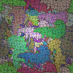 Seamless pattern with interesting doodles on colorfil background. Raster illustration.