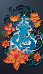 Generative AI, illustrations, traditional Indian festival of Ganesh Chaturthi, paper cut style flowers.