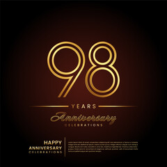 98 years anniversary, anniversary template design with double line number and golden text for birthday celebration event, invitation, banner poster, flyer, and greeting card, vector template