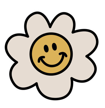 Vector hand drawn cartoon illustration of retro flower with smiley face