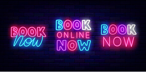 Fototapeta na wymiar Book online now neon signboards collection. Hotel order. Online booking. Glowing labels. Vector stock illustration